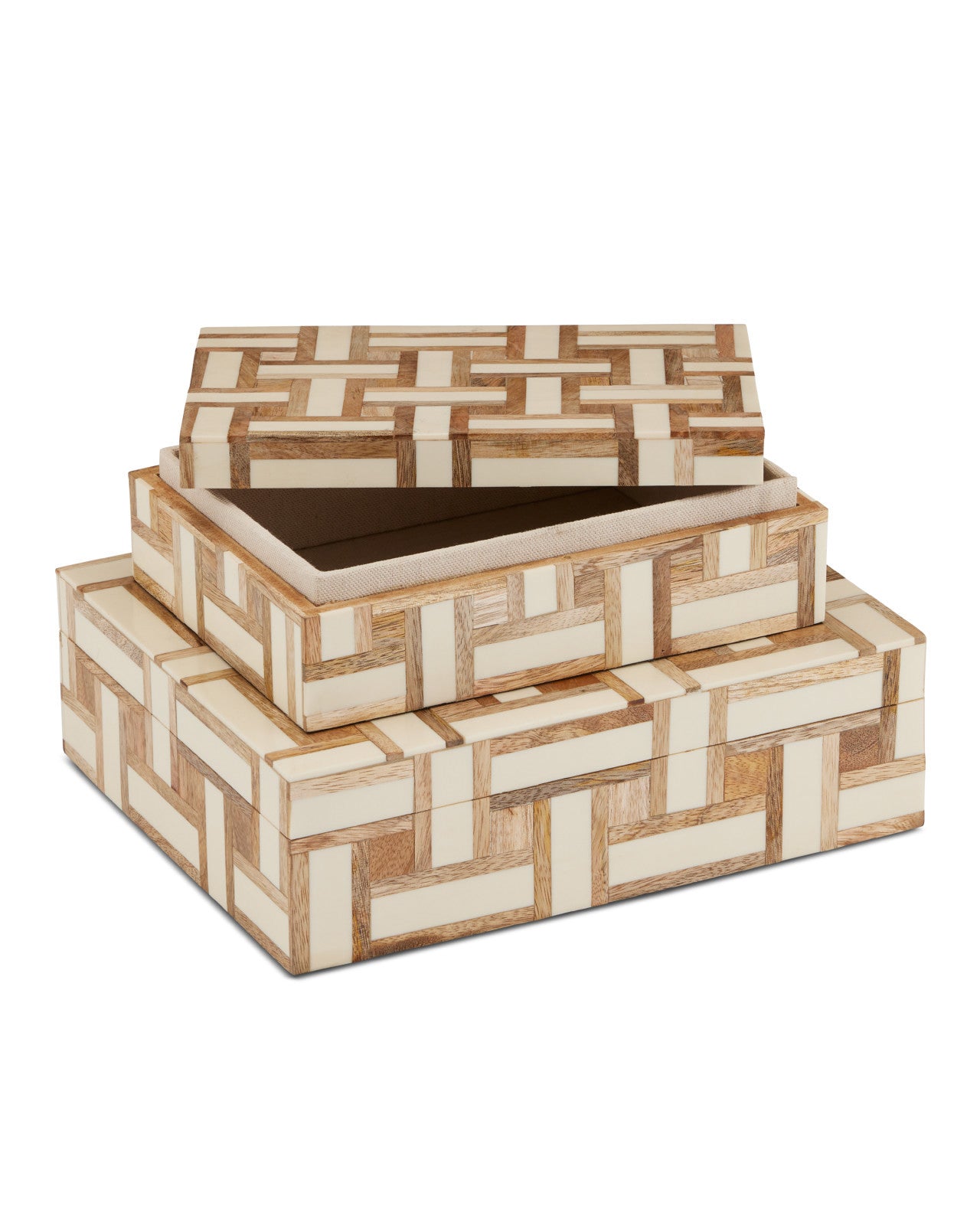Parquet Bone Inlay Wood Boxes, Set of 2