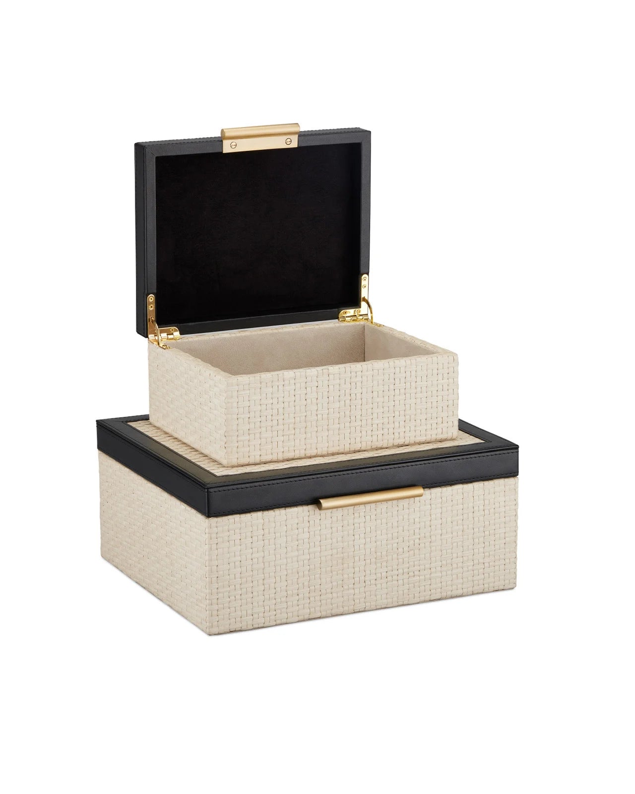 Rafia, Black Leather, Brass accents, Set of 2