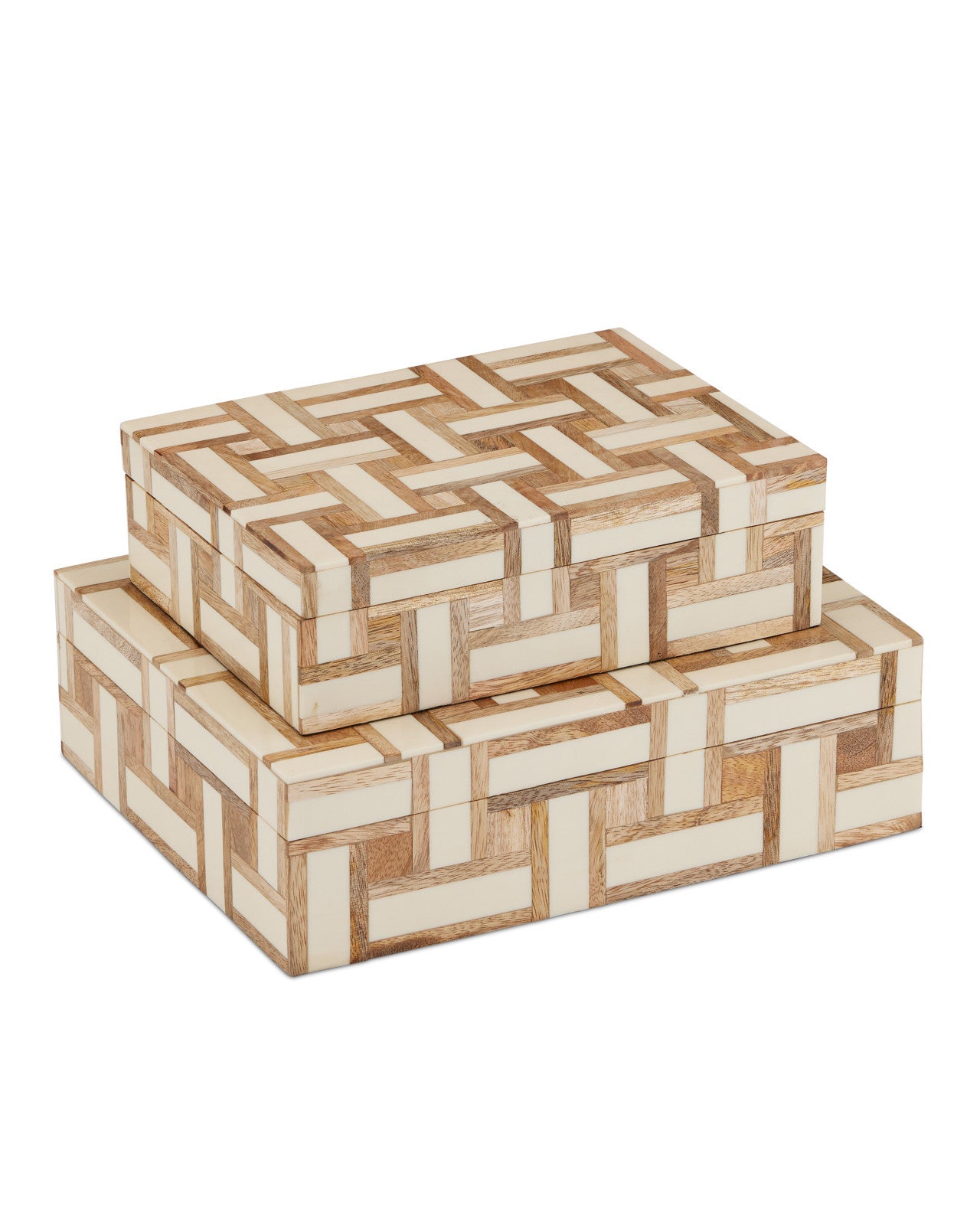 Parquet Bone Inlay Wood Boxes, Set of 2