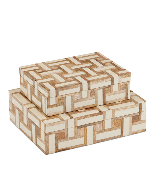 Parquet Bone Inlay Wood Boxes, Set of 2