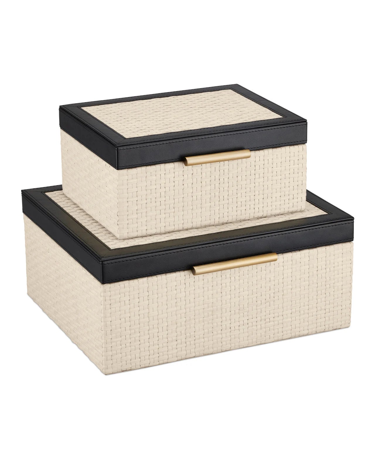 Rafia, Black Leather, Brass accents, Set of 2