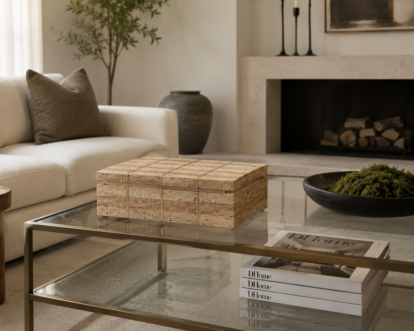 Striped Travertine & Brass Decorative Box