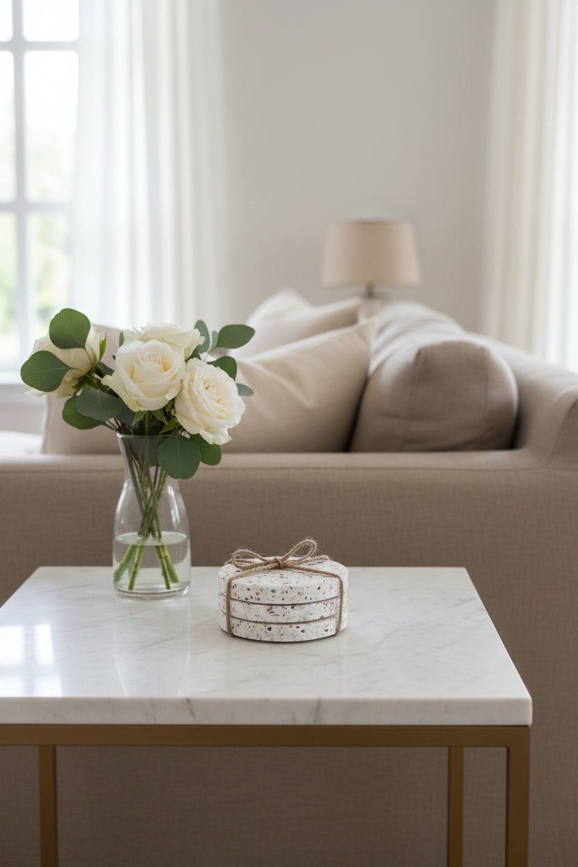 White Terrazzo Round Coaster with Twine